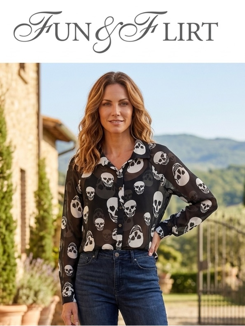 Fun & Flirt Black Sheer Skull-Print Button-Up Blouse